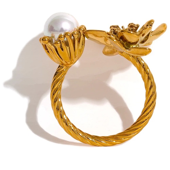 18K Gold Plated Flower Floral Ring*Open Ring*Pearl*Vintage Inspired Artsy*ML - Picture 6 of 8